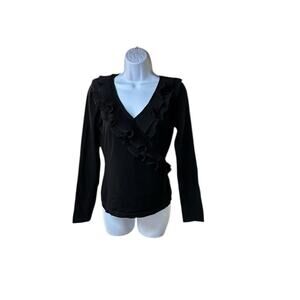 Cache Black Ruffle Faux Wrap Top Long Sleeve Stretch V Neck Y2K Large